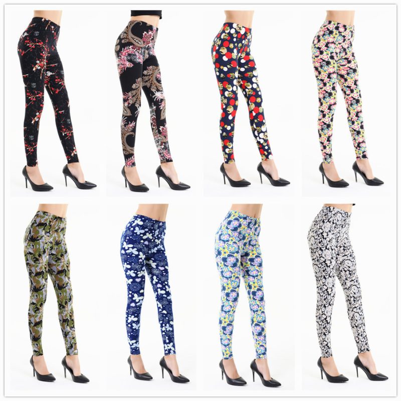 Women Color Brushed Rose Flower Print Leggings