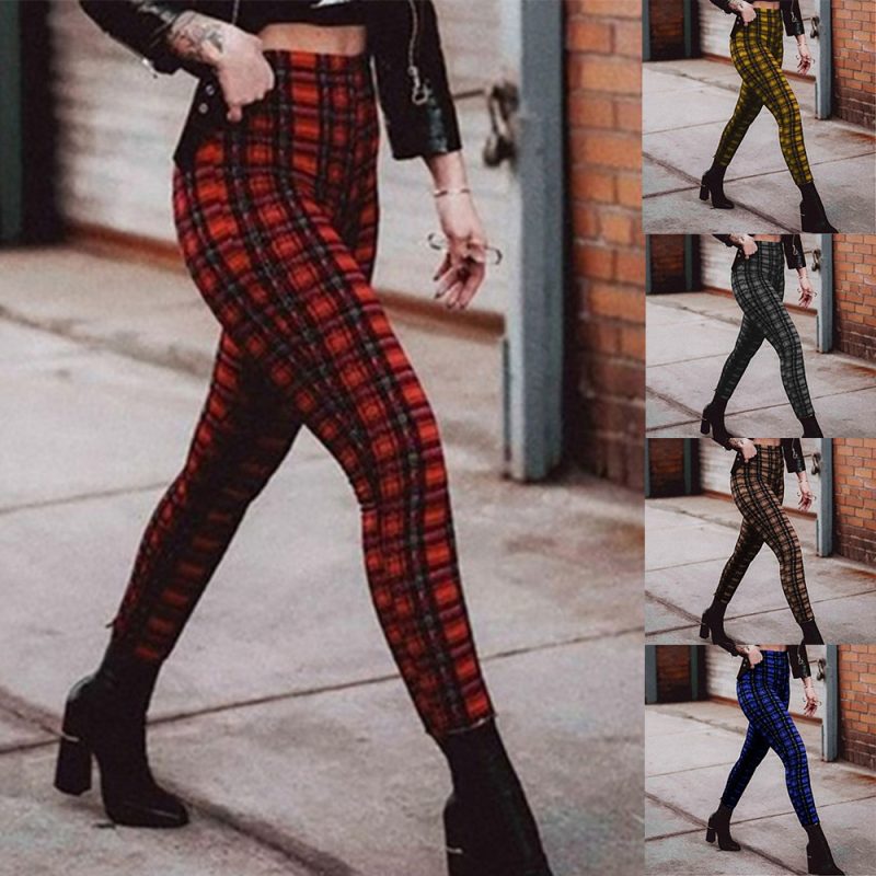 Plaid high waist leggings women casual pants