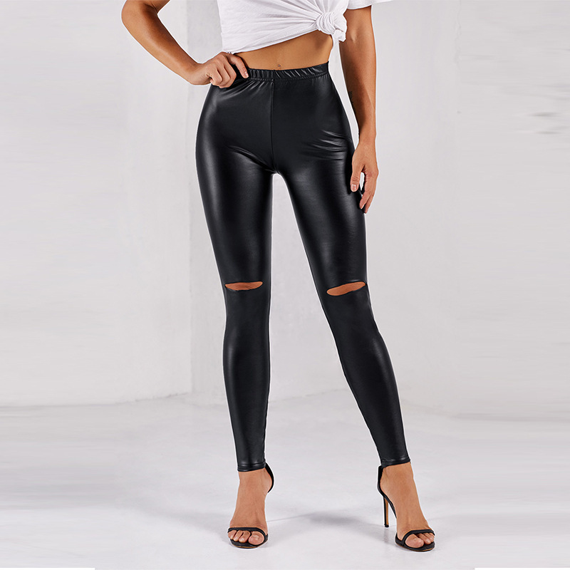 Tight Leather Pants Women High Waist Bright Color Sexy Ripped Leggings