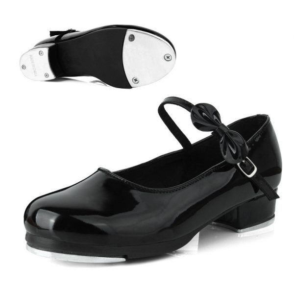 Women's Adult Black Soft Sole Shiny Bow Tap Shoes - Image 7