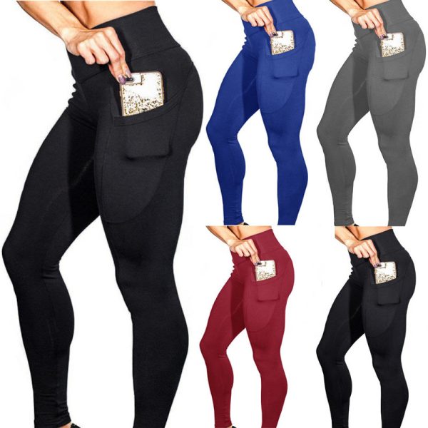 Mobile phone pocket leggings female solid color high elastic yoga hip high waist yoga pants - Image 2