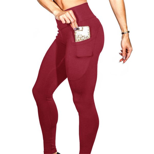 Mobile phone pocket leggings female solid color high elastic yoga hip high waist yoga pants - Image 3