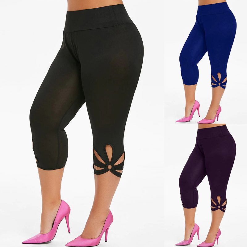 Women’s solid color hollowed-out plus-size yoga leggings