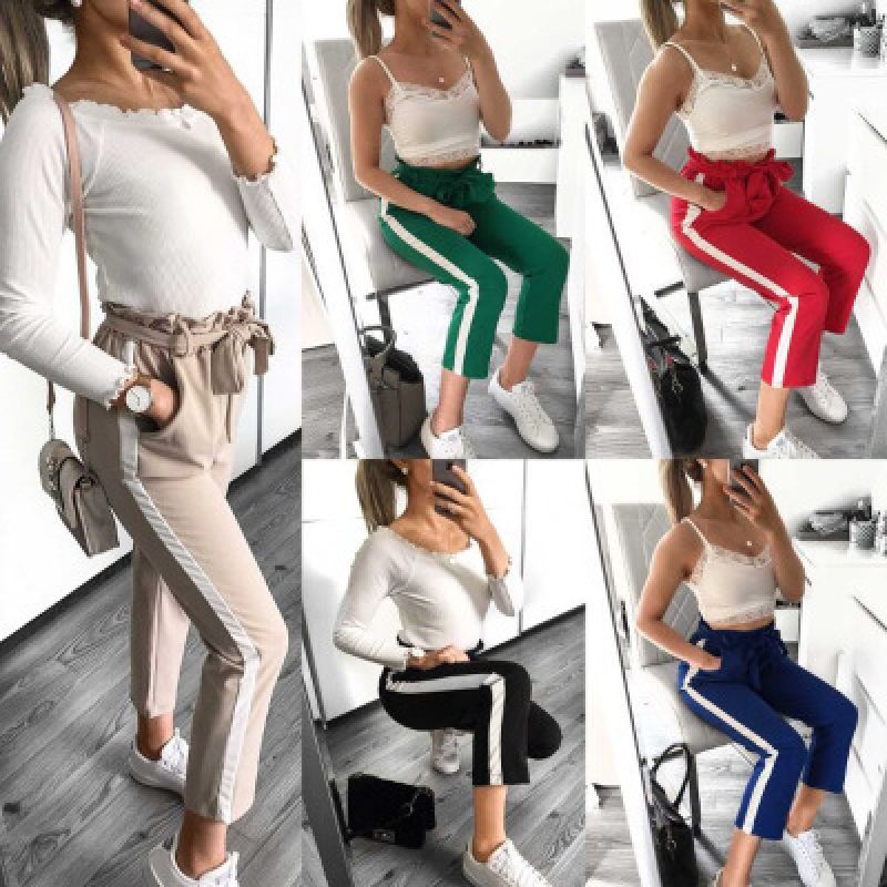 Color matching casual pocket bow pants