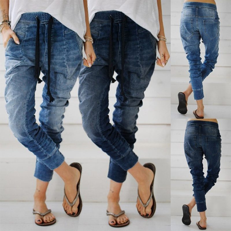 Lace-up denim trousers harem pants