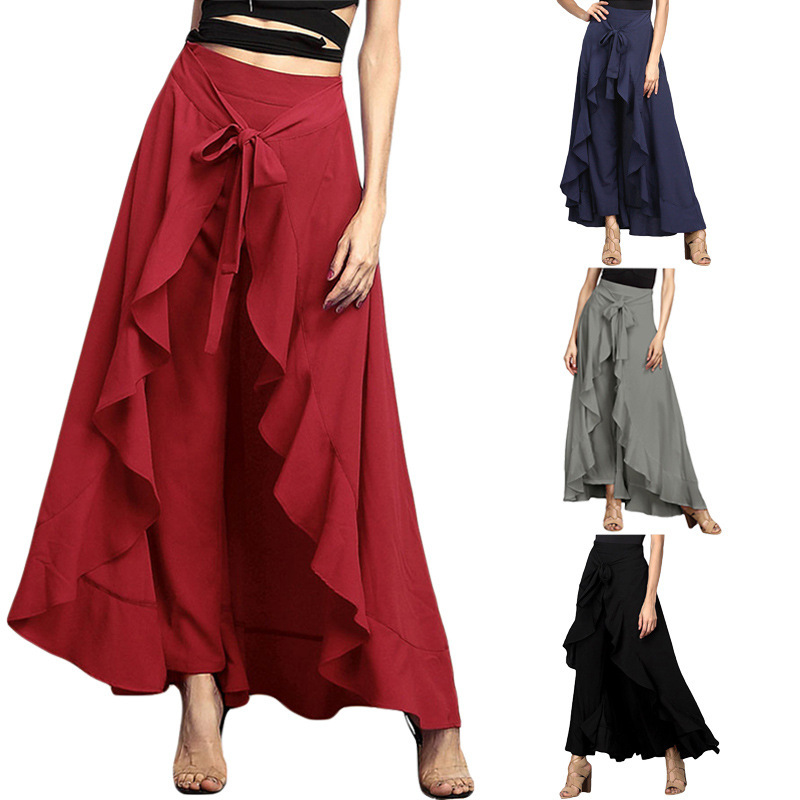 Irregular Ruffled High-Waist Lace-Up Trousers