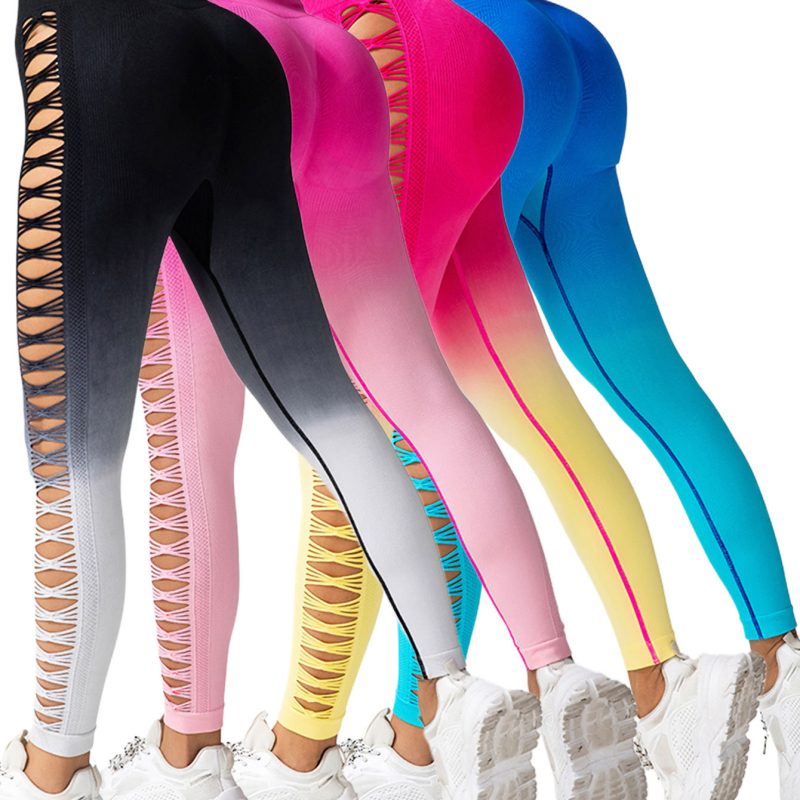 4 Pack Cut Out Ombre Gradient Color Hollow High-waist Butt-lifting Fitness Women’s Yoga Pants, Women’s High Waist Yoga Pants Cutout Ripped Super Soft And Comfortable Skinny Leggings