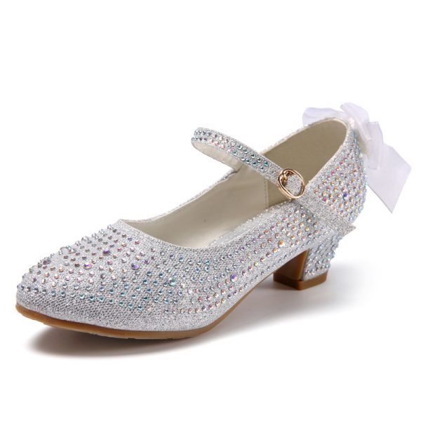 Girls' Leather Shoes Autumn New Bright Diamond High Heeled Shoes Performance Dance Flower Children Silver Medium And Large Children's High Heeled Shoes - Image 4