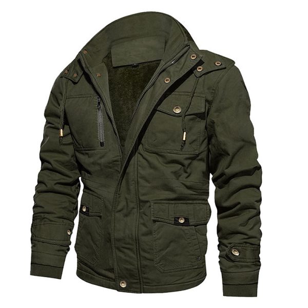 Men's Cotton Coat Jacket Hooded Multi-pocket Vintage Fleece-lined - Image 2