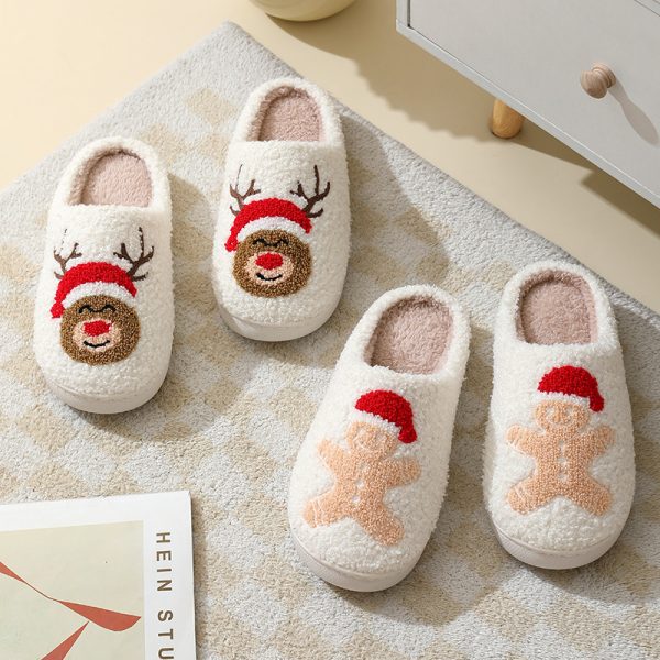 Christmas Home Slippers Cute Cartoon Santa Claus Cotton Slippers For Women And Men Couples Winter Warm Furry Shoes - Image 2