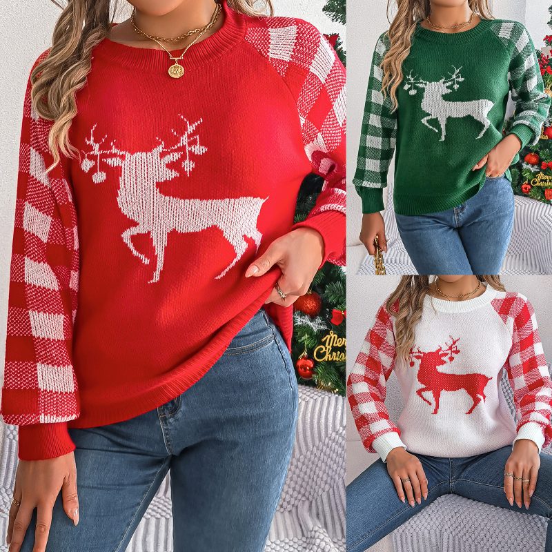 Christmas Women’s Casual Plaid Deer Long Sleeve Pullover Sweater