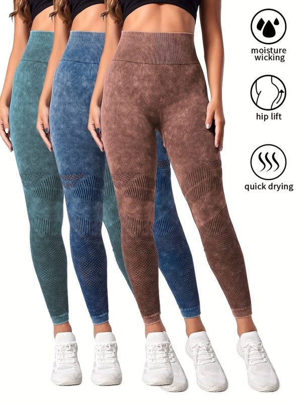 3 Pack Women's Seamless Washed Wide Waistband Sports Leggings, Women's High Waist Yoga Leggings, Textured Tummy Control Ruched Booty Tights Push Up Yoga Pants - Image 3