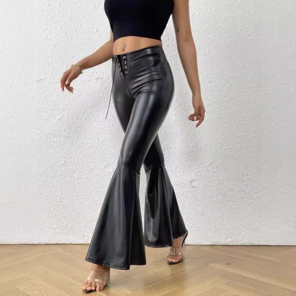 Bright Leather Elastic Waist Bell-bottom Pants - Image 2