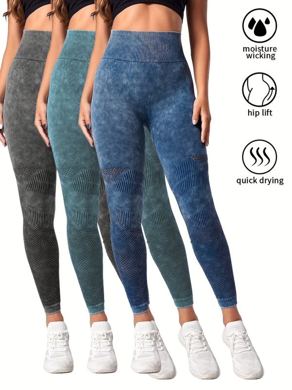 3 Pack Women's Seamless Washed Wide Waistband Sports Leggings, Women's High Waist Yoga Leggings, Textured Tummy Control Ruched Booty Tights Push Up Yoga Pants - Image 2