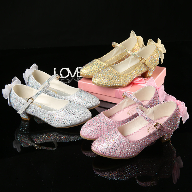 Girls’ Leather Shoes Autumn New Bright Diamond High Heeled Shoes Performance Dance Flower Children Silver Medium And Large Children’s High Heeled Shoes