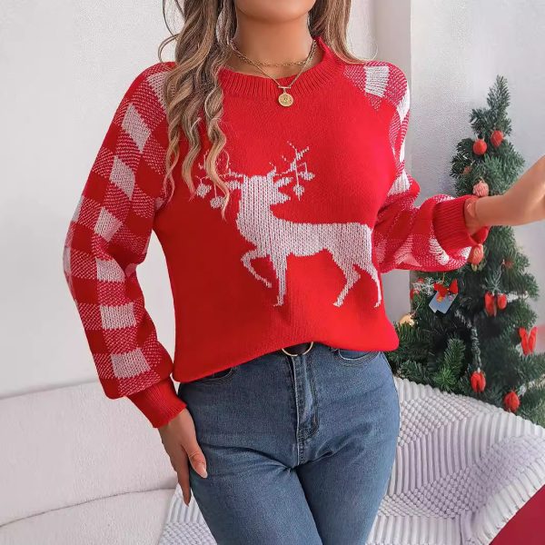 Christmas Women's Casual Plaid Deer Long Sleeve Pullover Sweater - Image 6