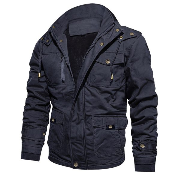 Men's Cotton Coat Jacket Hooded Multi-pocket Vintage Fleece-lined - Image 5