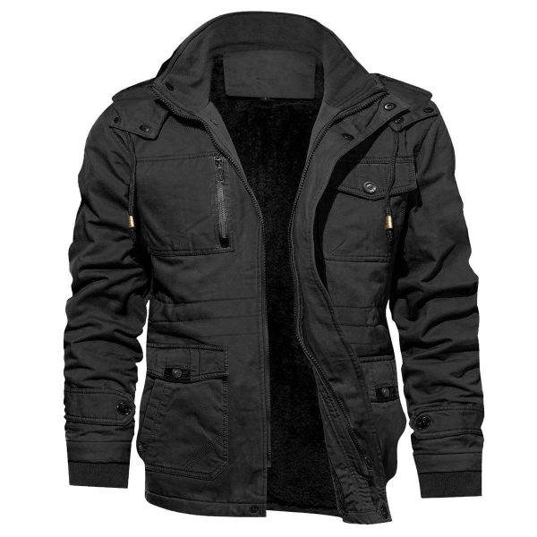 Men's Cotton Coat Jacket Hooded Multi-pocket Vintage Fleece-lined - Image 4