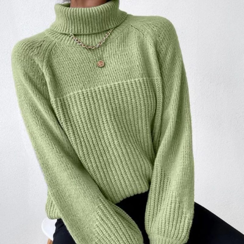 Simple Lapel Raglan Sleeves Pullover Knitted Sweater Women