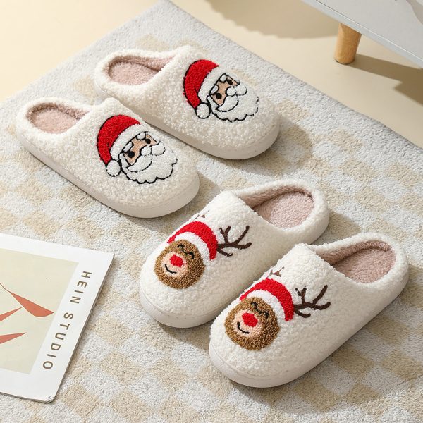 Christmas Home Slippers Cute Cartoon Santa Claus Cotton Slippers For Women And Men Couples Winter Warm Furry Shoes - Image 3