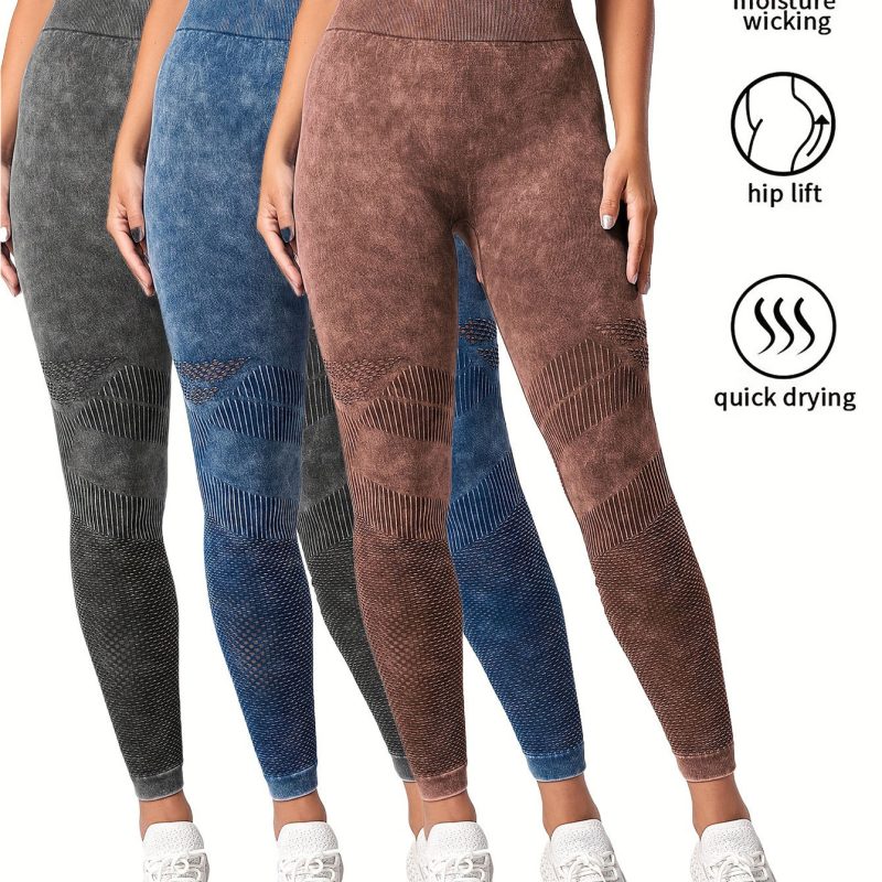 3 Pack Women’s Seamless Washed Wide Waistband Sports Leggings, Women’s High Waist Yoga Leggings, Textured Tummy Control Ruched Booty Tights Push Up Yoga Pants