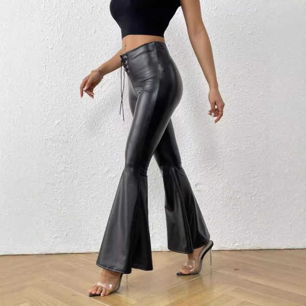 Bright Leather Elastic Waist Bell-bottom Pants - Image 3