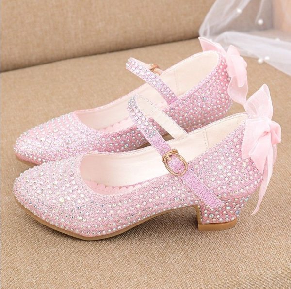 Girls' Leather Shoes Autumn New Bright Diamond High Heeled Shoes Performance Dance Flower Children Silver Medium And Large Children's High Heeled Shoes - Image 6