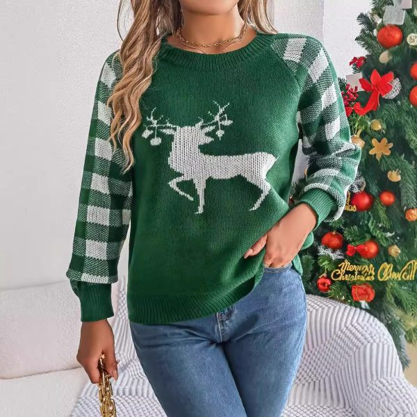 Christmas Women's Casual Plaid Deer Long Sleeve Pullover Sweater - Image 5