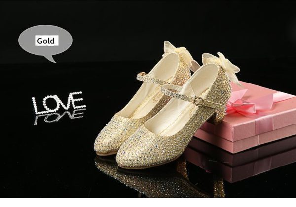 Girls' Leather Shoes Autumn New Bright Diamond High Heeled Shoes Performance Dance Flower Children Silver Medium And Large Children's High Heeled Shoes - Image 3